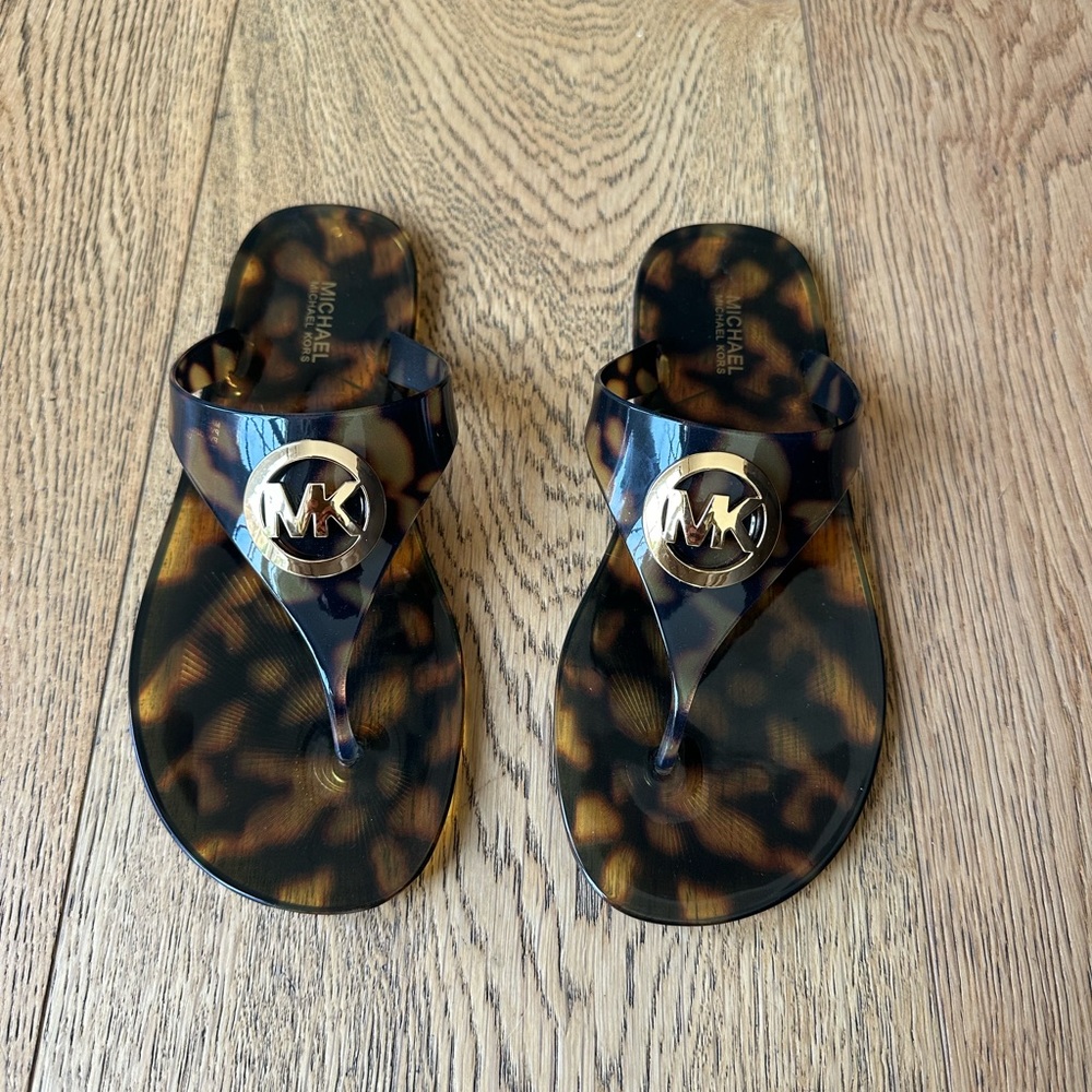 Michael Kors Brown Designer Sandals with Metallic Medallion